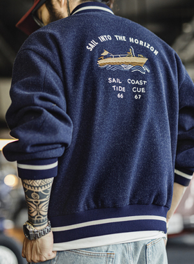 马登工装美式复古蓝色针织棒球服夹克痞帅刺绣撞色短款外套男士春