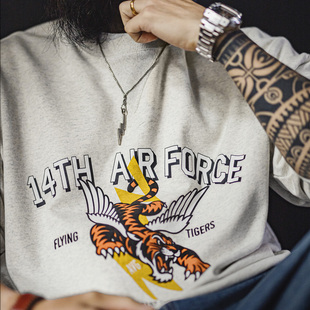 T恤男款 印花灰色圆领卫衣横须贺宽松落肩套头长袖 春 美式 马登工装