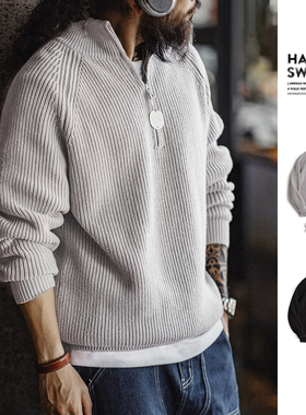 马登工装美式复古半拉链立领毛衣套头打底高领针织衫上衣男秋冬季