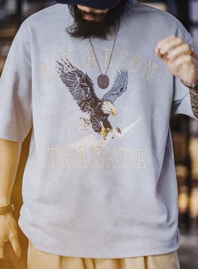 马登工装美式复古印花做旧仿蜡染圆领蓝色落肩针织短袖T恤男士夏