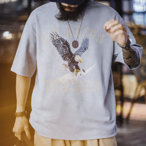 马登工装美式仿蜡染蓝色印花T恤