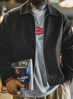 马登工装美式教练夹克翻领痞帅硬挺重磅短款黑色廓形纯棉外套男春