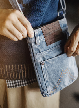 马登工装美式水洗蓝色牛仔单肩斜挎包丹宁通勤手提平板随行包男款