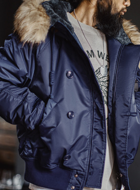 马登工装美式复古N2A毛领派克服蓝色座山雕短款棉服夹克外套男冬