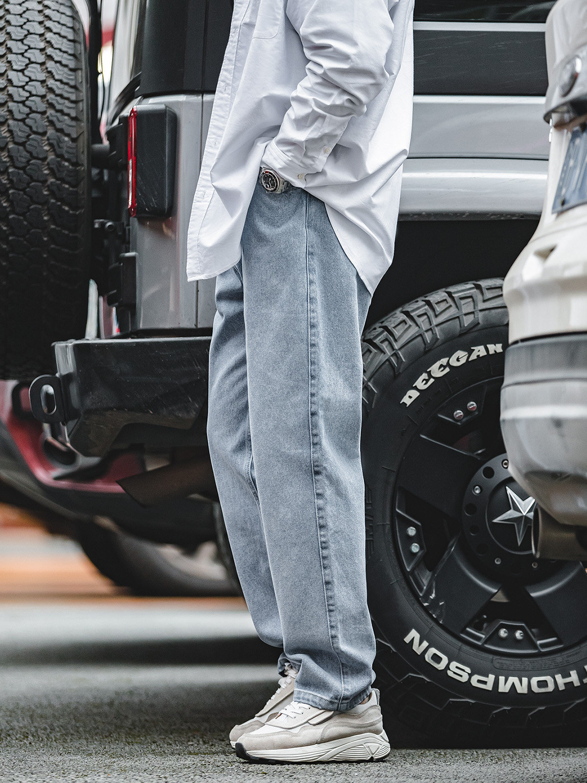 Madden Workwear レトロウォッシュデニムジーンズストレートダークブルールーズカジュアルワイドレッグダッドロングパンツメンズ春