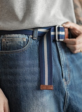 马登工装复古双环扣条纹腰带学院风免打孔松紧编织帆布配饰裤带男