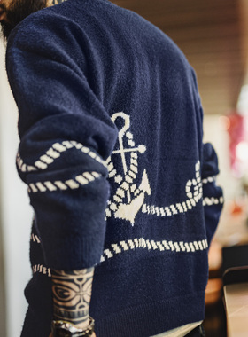 马登工装美式休闲海军蓝色套头毛衣内搭针织外穿加绒外套男秋冬