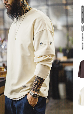 马登工装美式复古白色长袖男士t恤衫棉宽松舒适卫衣高质量上衣春