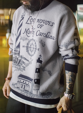 马登工装美式灰色圆领套头毛衣软糯保暖加厚慵懒风宽松外套男秋冬