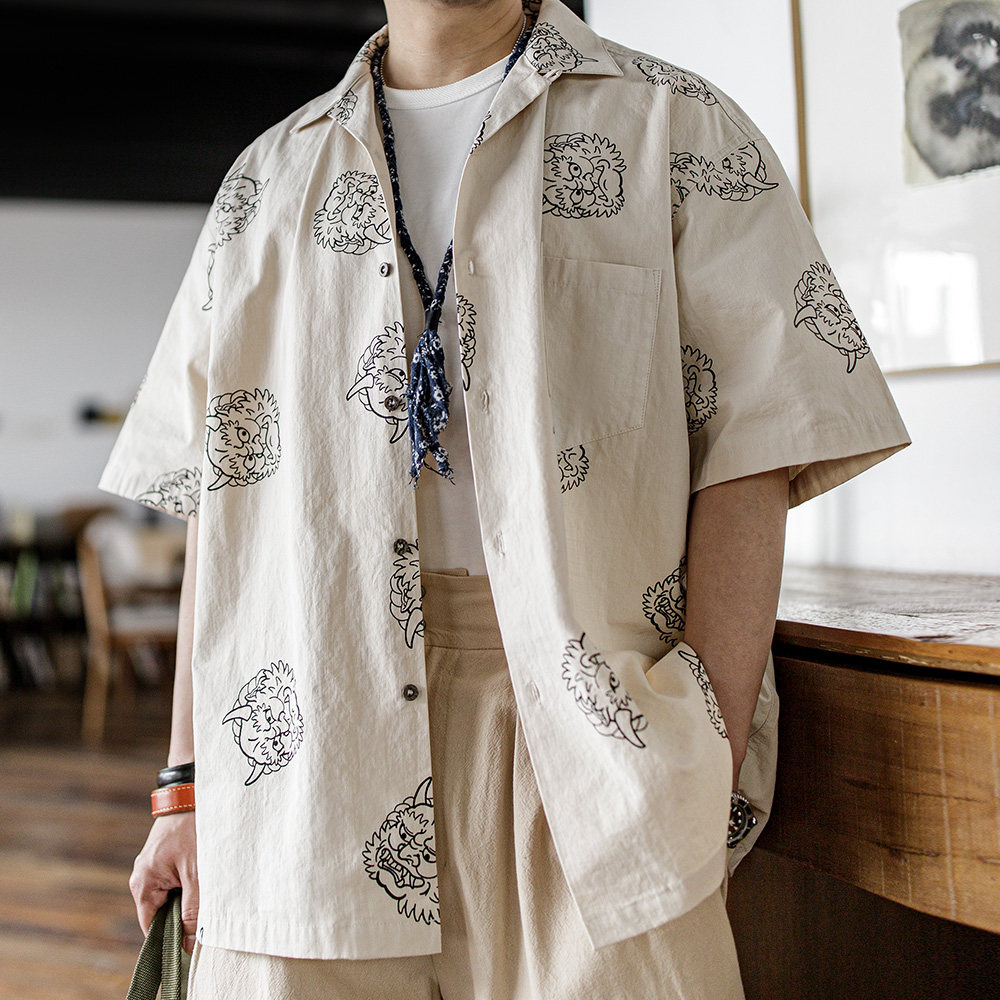 马登工装雷神印花日系古巴领短袖衬衫纯棉宽松少年感休闲衬衣男夏图片