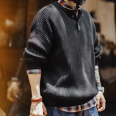 马登工装 美式 重磅亨利领毛衣黑色外穿高克重垂感加厚套头宽松男冬