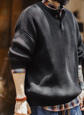 马登工装美式重磅亨利领毛衣黑色外穿高克重垂感加厚套头宽松男冬
