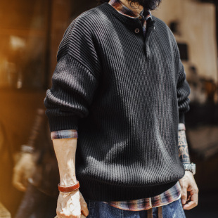马登工装 重磅亨利领毛衣黑色外穿高克重垂感加厚套头宽松男冬 美式