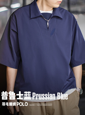 马登工装美式复古polo衫翻领短袖宽松上衣羽毛刺绣v领薄款t恤男夏