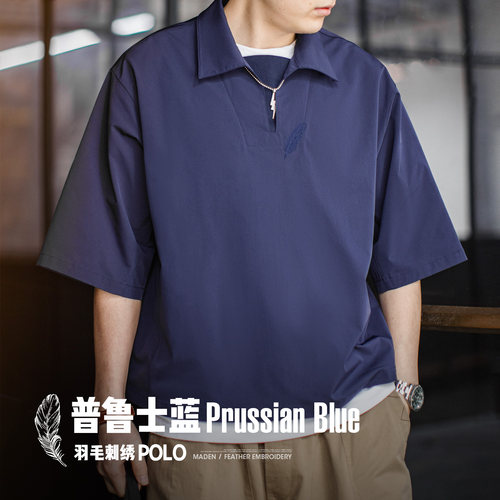 马登工装美式复古polo衫翻领短袖宽松上衣羽毛刺绣v领薄款t恤男夏