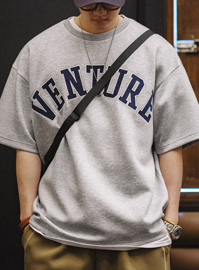 马登工装 美式休闲字母刺绣T恤宽松灰色廓形重磅oversize短袖男夏