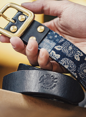 马登工装古布印花百家布植鞣皮带boro风头层牛皮针扣复古腰带男士