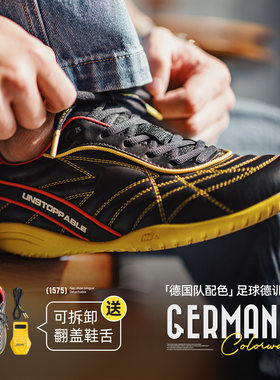 马登复古足球德训鞋男春季新款翻盖皮面黑黄色鞋子平底运动休闲鞋