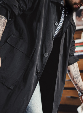 马登工装美式黑色巴尔玛肯风衣翻领中长款日系通勤大衣外套男春