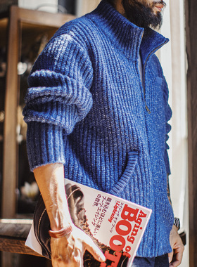 马登工装美式冰蓝色开衫加厚毛衣立领垂感高领保暖针织衫外套男冬