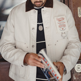 灯芯绒领外套男款 马登工装 法式 棉籽壳J22白色翻领夹克猎装 春 美式