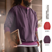 圆领T恤男春 复古棒球领卫衣新年红色上衣宽松套头衫 马登工装 美式