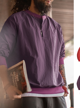 马登工装 美式复古棒球领卫衣新年红色上衣宽松套头衫圆领T恤男春