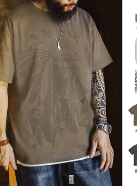 马登工装美式复古满印花T恤纯棉重磅棕色印第安vintage短袖男夏季