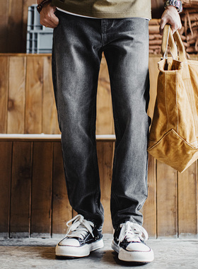 马登工装美式休闲水洗做旧牛仔裤灰色直筒微锥萝卜裤长裤子男夏秋