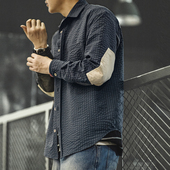 马登工装 肌理感翻领拼接衬衣外套男春 衬衫 美式 复古泡泡纱格子长袖