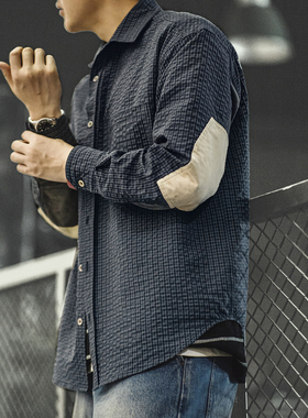 马登工装美式复古泡泡纱格子长袖衬衫肌理感翻领拼接衬衣外套男秋