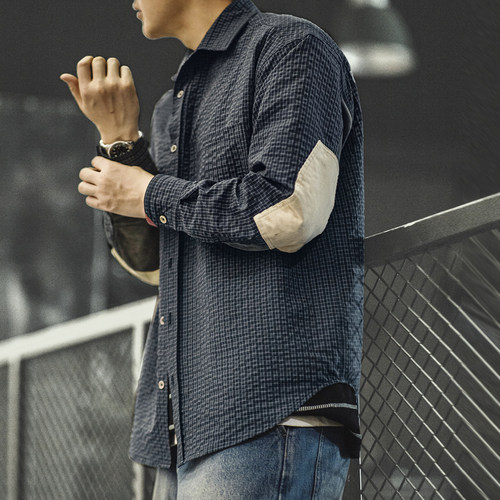 马登工装美式泡泡纱格子长袖衬衫