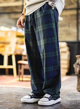 马登工装复古休闲苏格兰格子裤泡泡纱男裤肌理感格纹长裤子夏秋