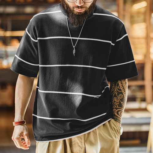 马登工装黑白撞色条纹T恤