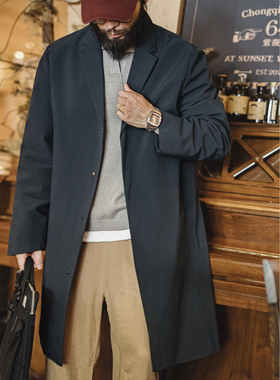 马登工装美式复古薄款通勤风衣英伦中长款蓝色翻领大衣外套男春季