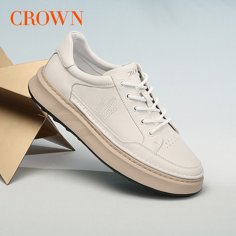 CROWN/皇冠男鞋春夏季款新款小白鞋防滑耐磨耐穿厚底增高牛皮板鞋