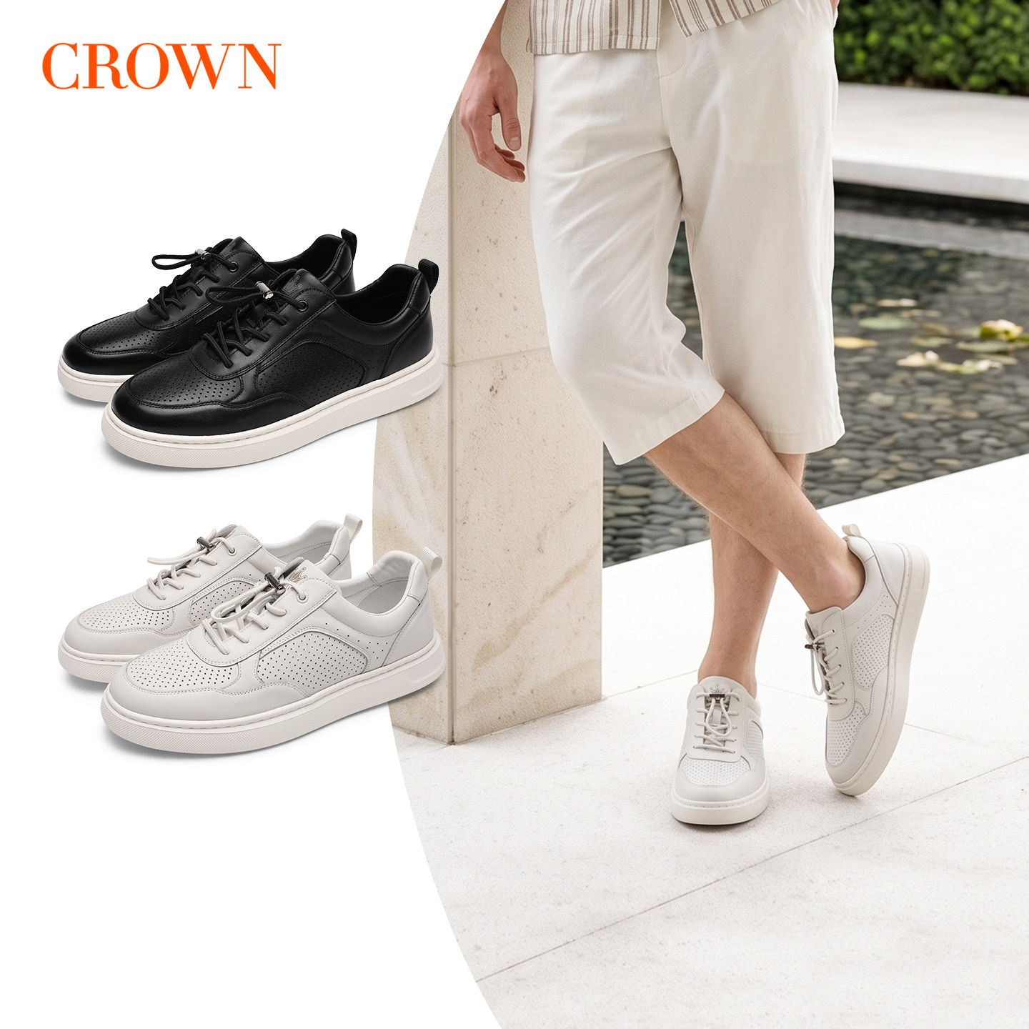 CROWN/皇冠休闲鞋男透气夏季新款小白鞋真皮打孔百搭运动板鞋男鞋