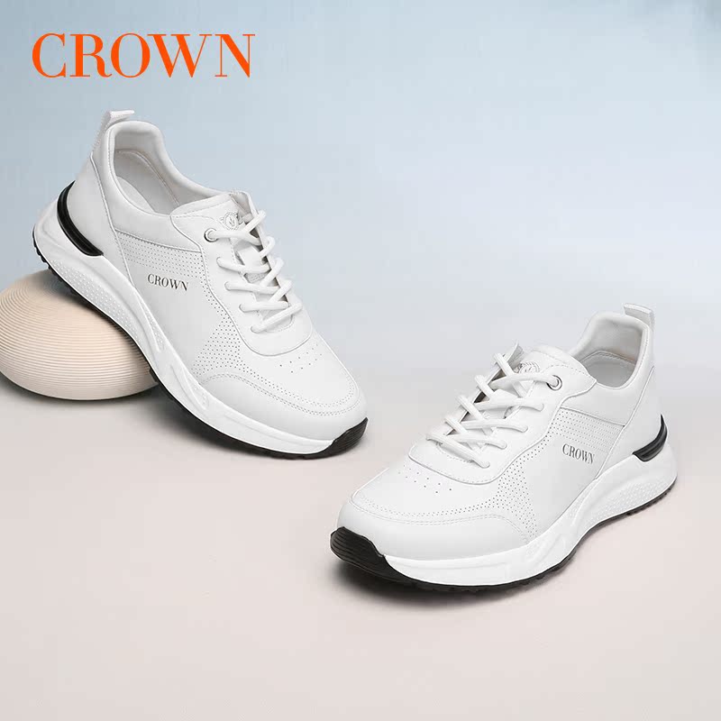 CROWN/皇冠真皮男鞋春夏季新款透气通勤男士跑步运动鞋休闲鞋子男