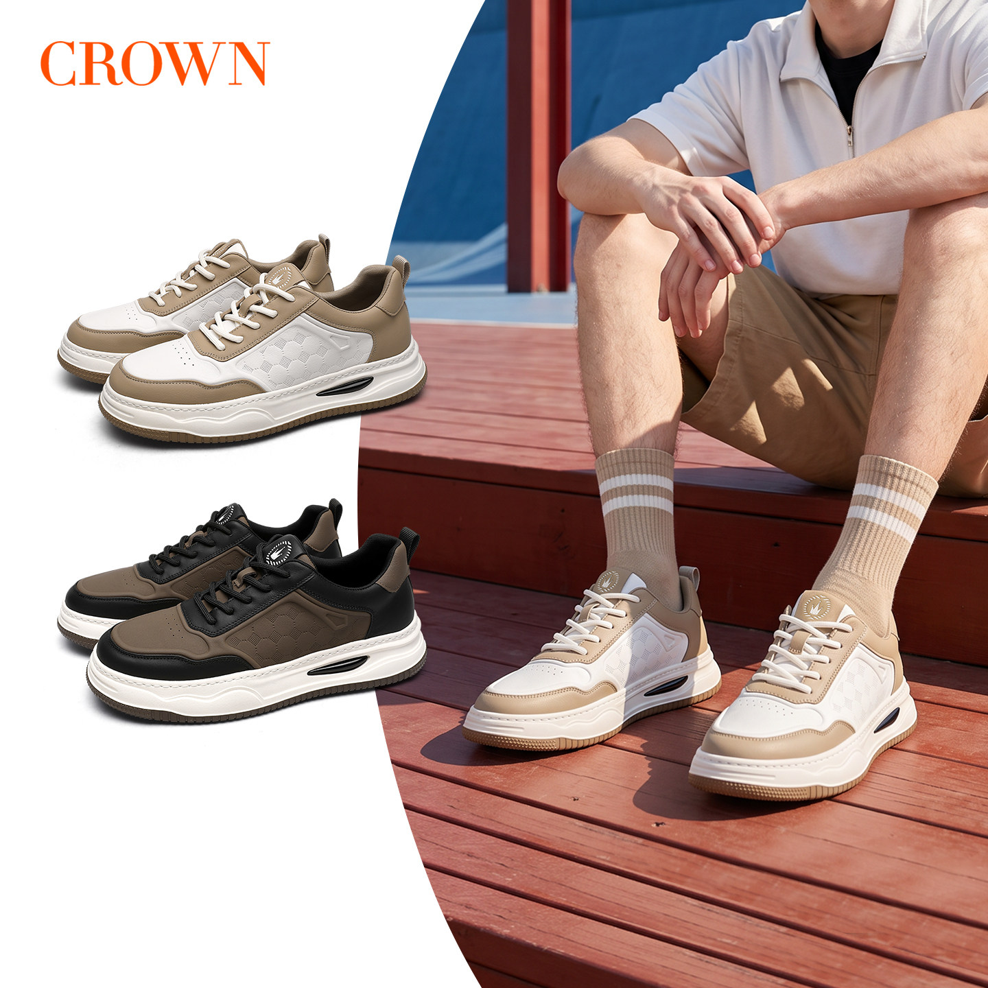CROWN/皇冠真皮板鞋男休闲鞋时尚百搭厚底板鞋舒适软底休闲男鞋