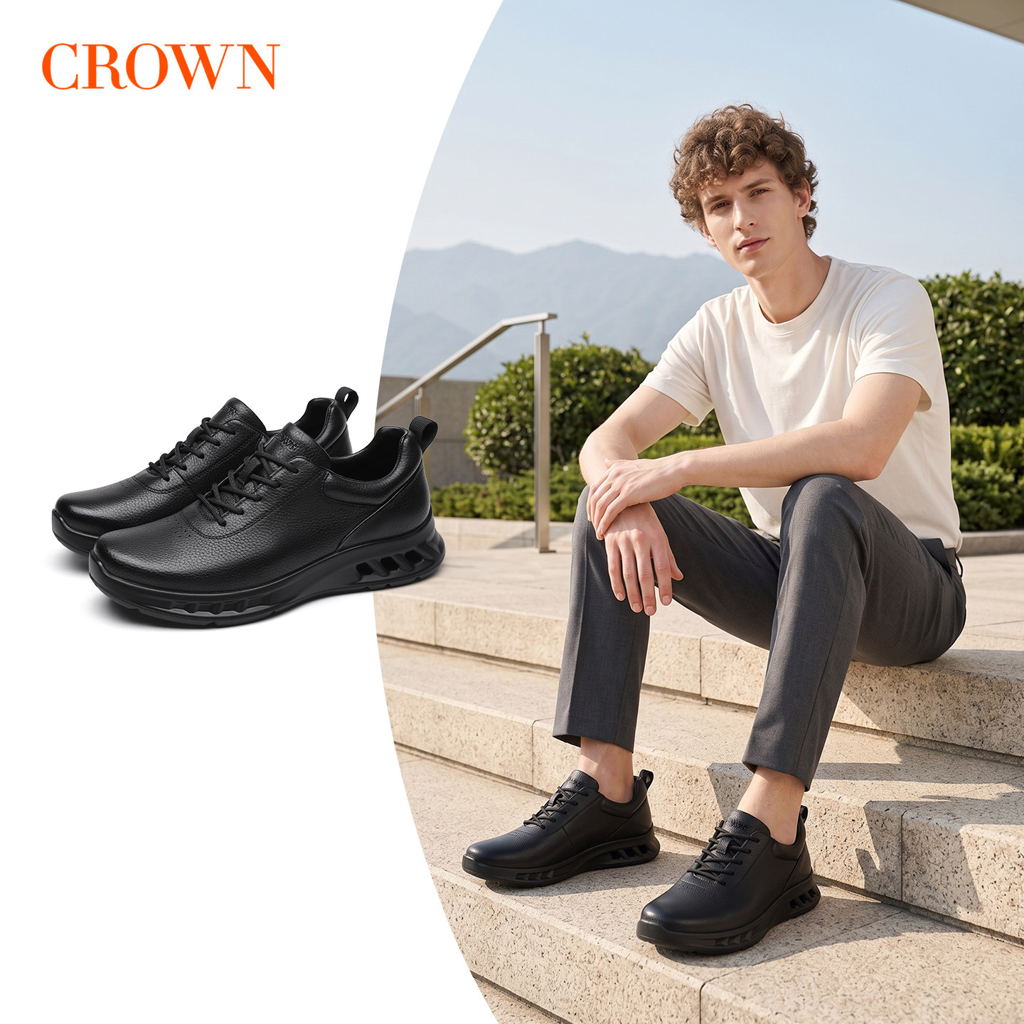 CROWN/皇冠2026新款真皮男鞋厚底增高羊皮休闲鞋透气软底健步鞋