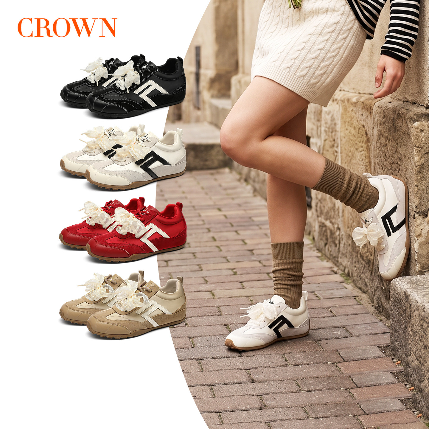 CROWN/皇冠德训鞋女2026新款鞋子休闲板鞋蕾丝百搭小个子增高女鞋