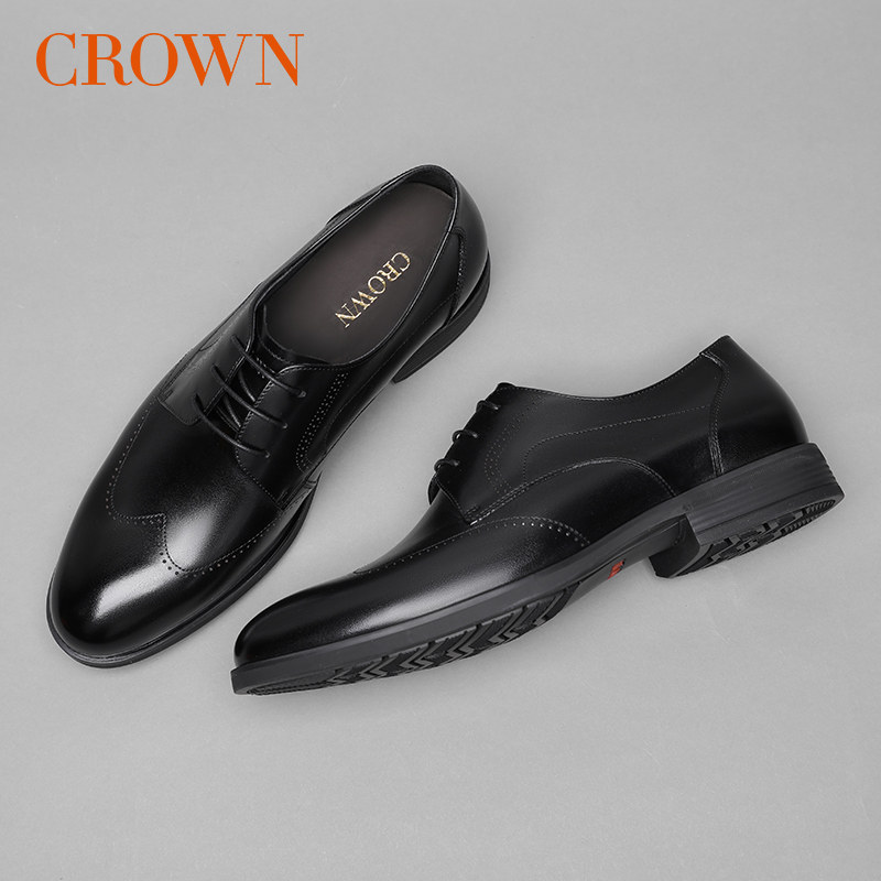 Crown 皇冠正装皮鞋男士春季新款商务系带办公结婚宴会真皮德比鞋