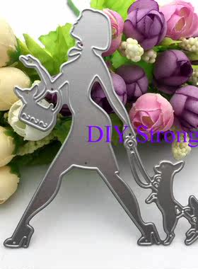 切割模板DIY模具cutting die贺卡相册Scrapbook制作 女人遛狗N31