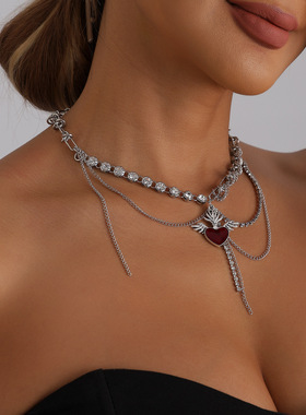 欧美跨境饰品翅膀红色爱心圆形钻