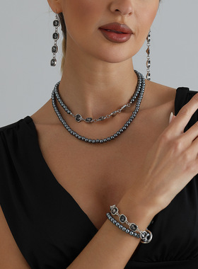 欧美跨境饰品双层叠戴串珠项链女