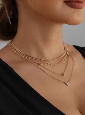 欧美跨境饰品流苏链条镶钻爱心项链女 时尚多层设计小众V型锁骨链