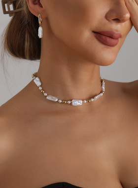 欧美跨境饰品扁平珍珠CCB拼接风