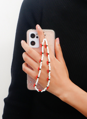 欧美饰品跨境 白色米珠串珠手机挂绳 田园风红樱桃包包手机链女