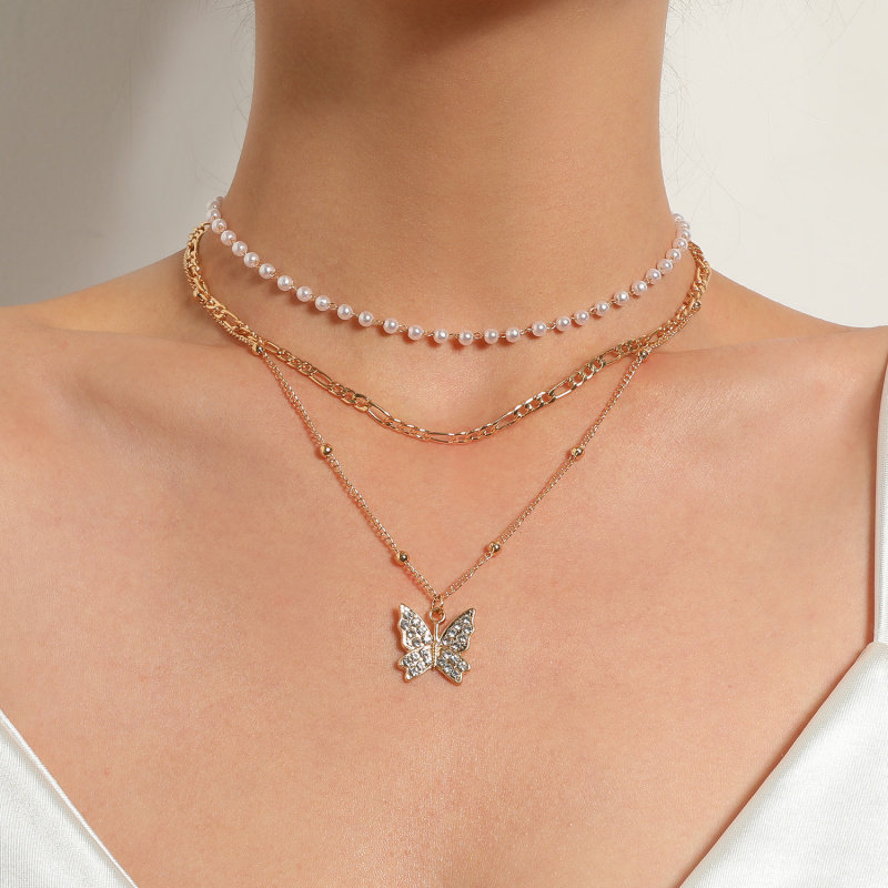 欧美跨境饰品复古珍珠满钻蝴蝶吊