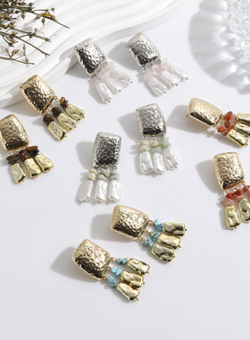 欧美跨境饰品时尚金属质感松石耳钉女 ins个性设计彩色百搭耳饰女